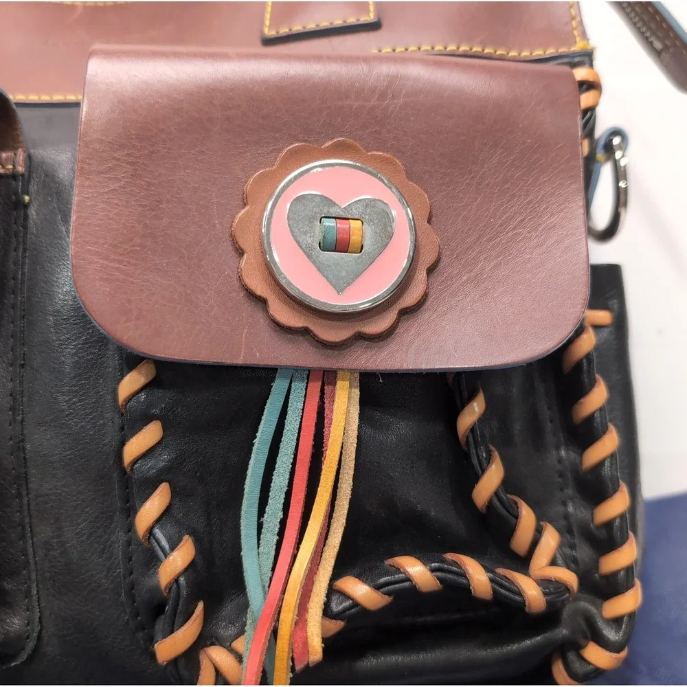 2005 Dooney & Bourke Bolero Western Satchel Black/Brown Leather Conchos Dust Bag